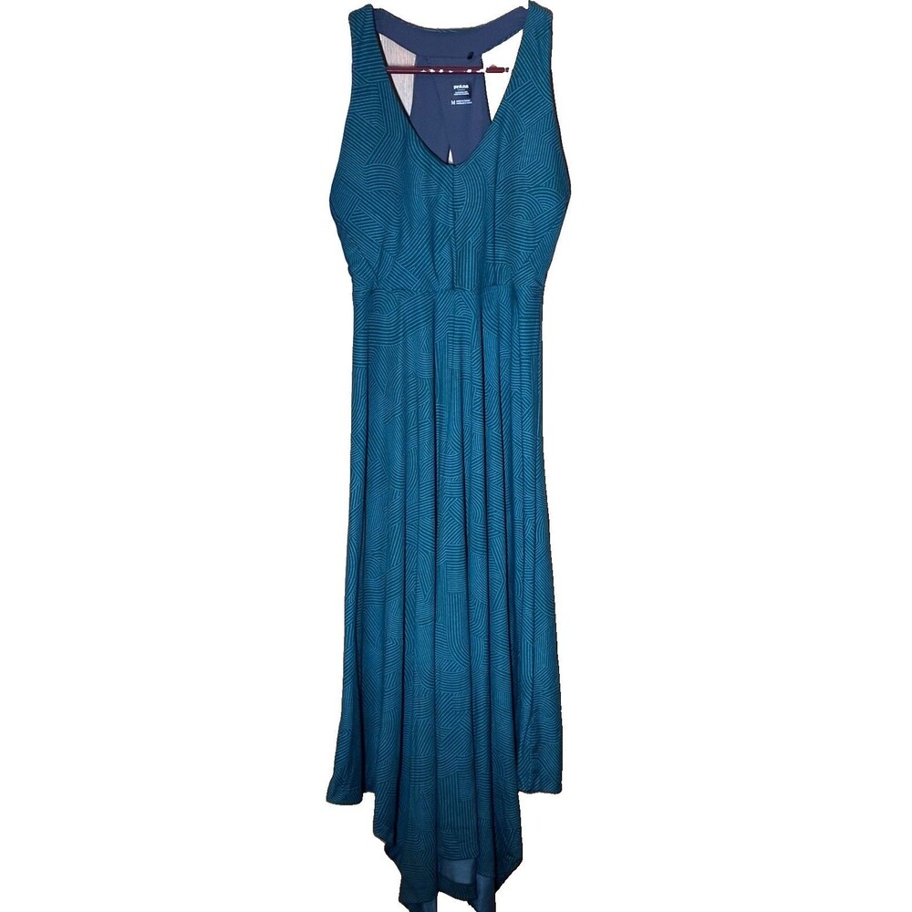 PrAna Saxon Dress Sz M teal blue wavy print High Neck cross back handkerchief